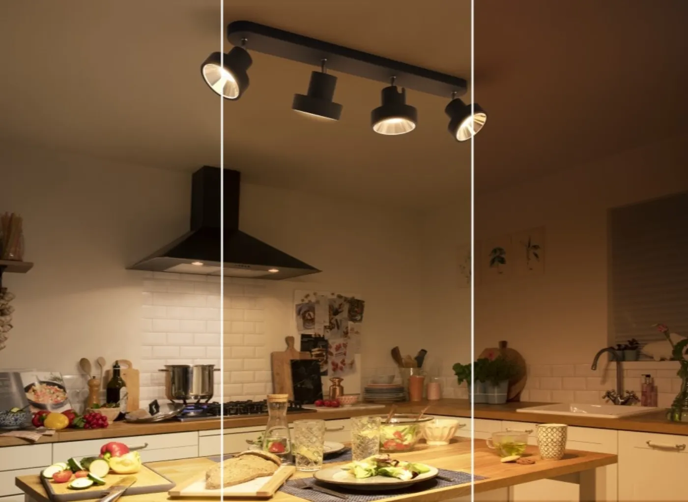 One kitchen shown under three different Philips SceneSwitch light settings