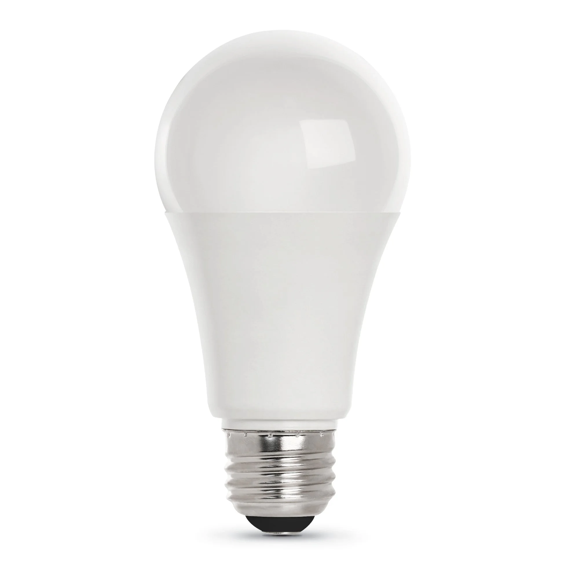 A pear-shaped household LED bulb with a medium screw base on a plain background.