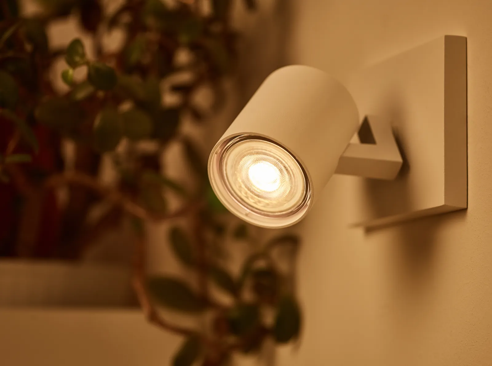 A Philips LED spotlight glowing at a low, warm dimming level