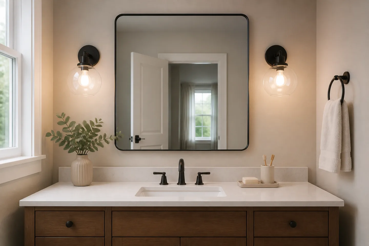 Bathroom vanity with two wall lights beside a mirror