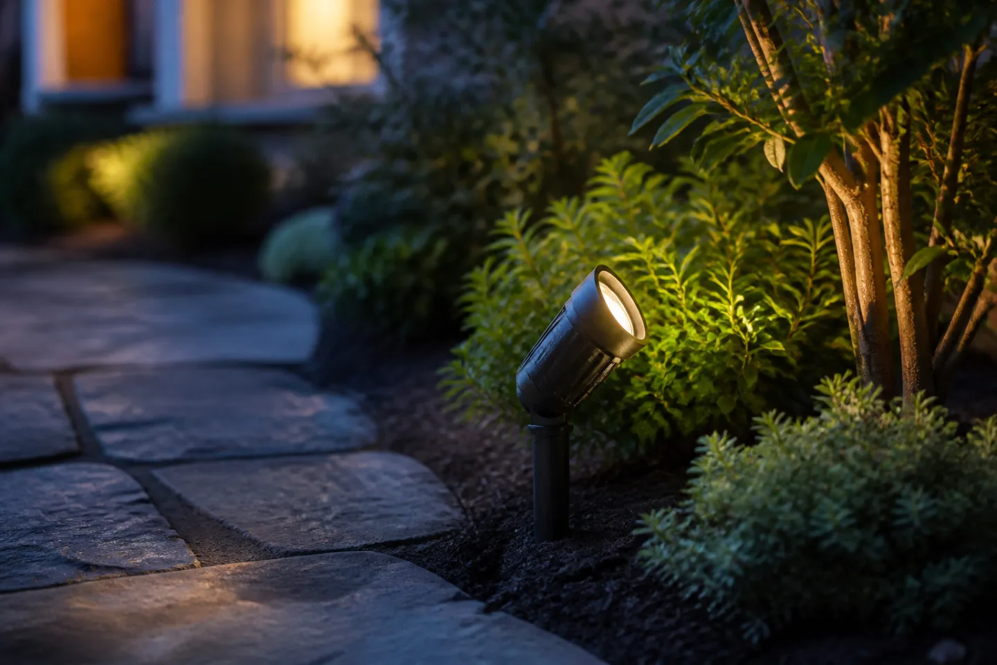 Low-voltage landscape spotlight illuminating plants beside a path