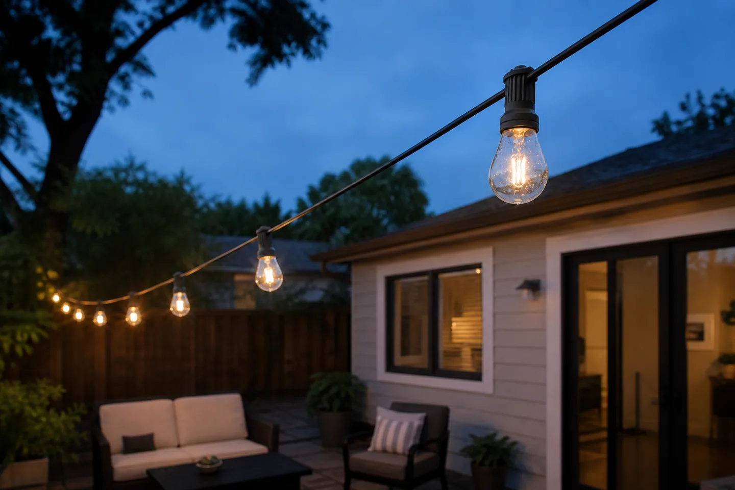 Outdoor patio string lights with clear decorative bulbs at dusk