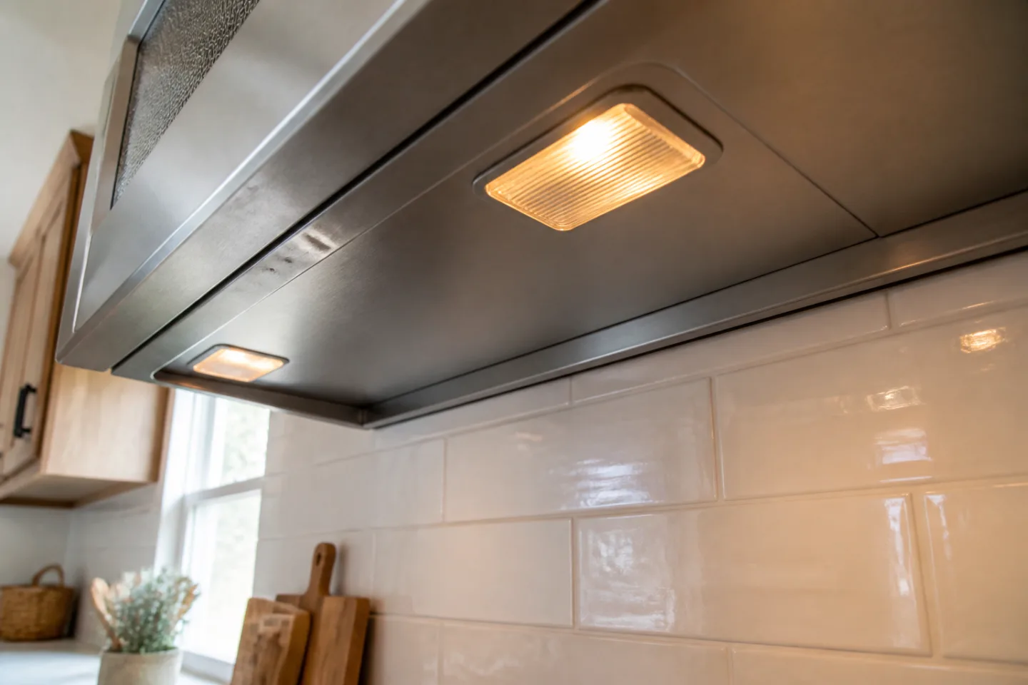 Underside of a kitchen range hood with covered task lights