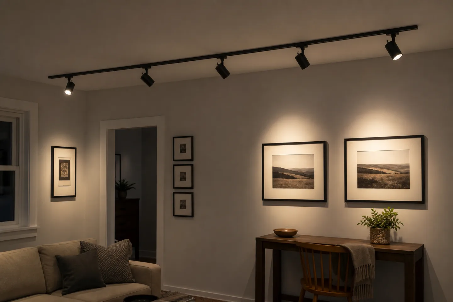 Ceiling track lights aimed at framed artwork and a table